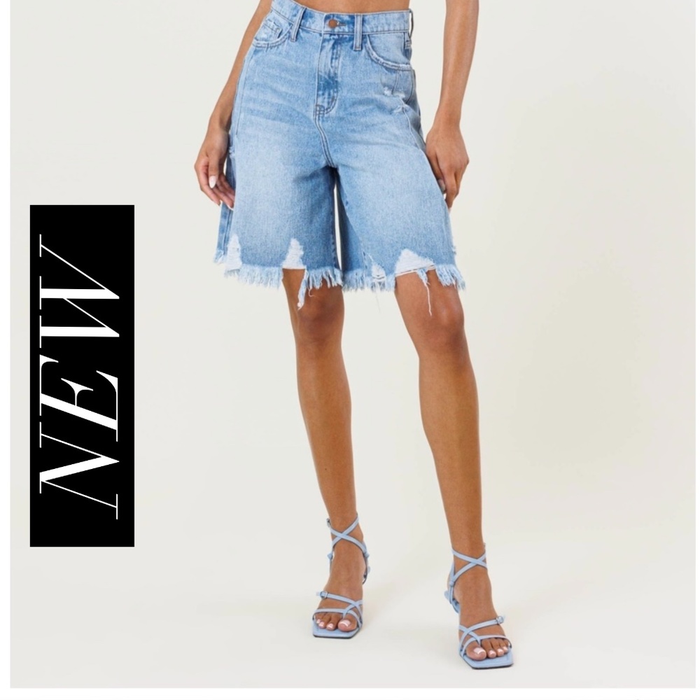High Waist Wide Leg Distressed Denim Shorts